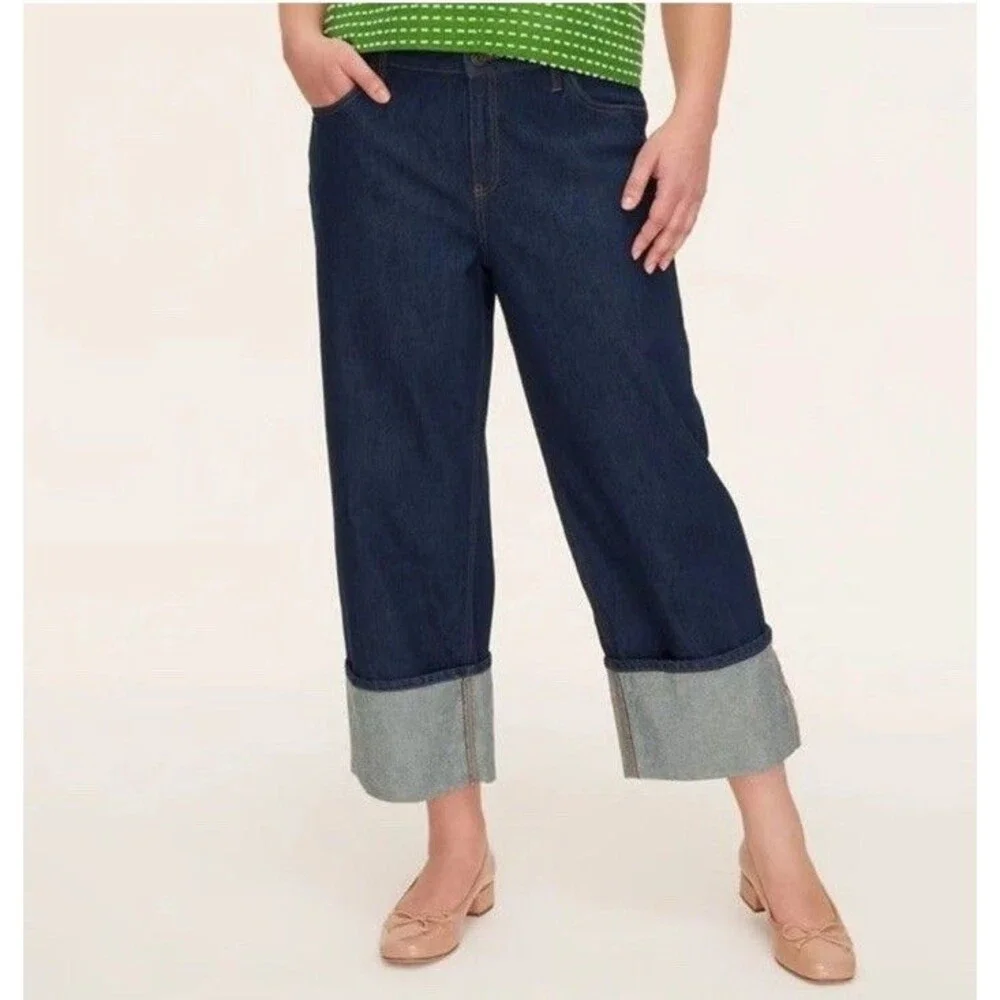 Kate Spade Denim Straight Leg Wide Cuff Jeans Cotton Dark Wash Sz 2